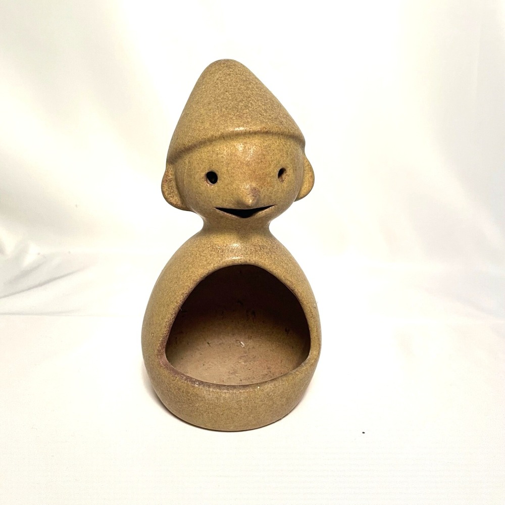 VTG Happy Face Gnome Elf Figurine Designs West Planter Candle Holder Pottery 7in
